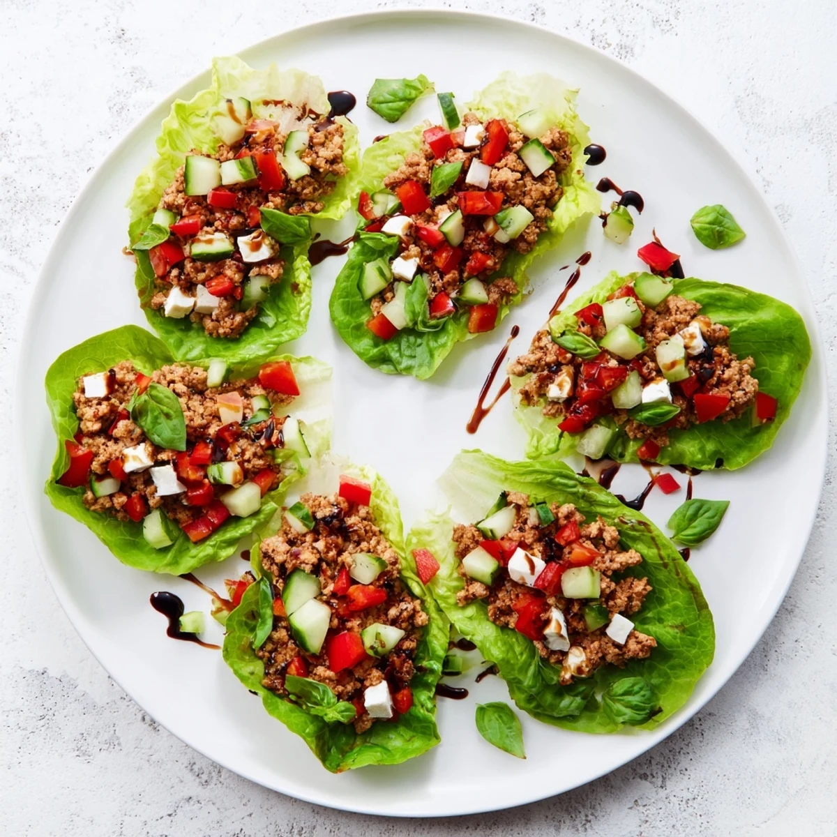 Vibrant red bell peppers, cucumber, and juicy tomatoes crown warm turkey filling in butter lettuce for Italian Lettuce Wraps appetizer.