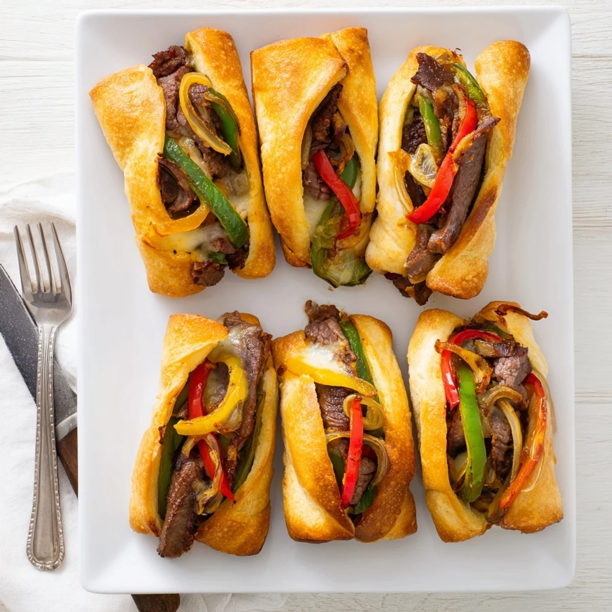 Golden-baked Ultimate Keto Philly Cheesesteak Rolls stuffed with tender steak and peppers on a plate.