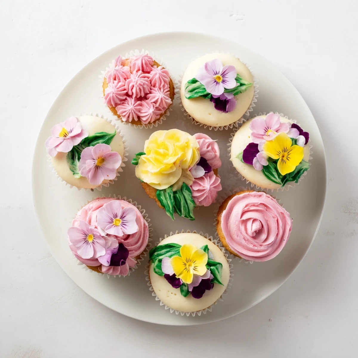Twelve pastel Baby In Bloom Cupcakes topped with pink floral buttercream swirls and edible violet petals on a cooling rack.