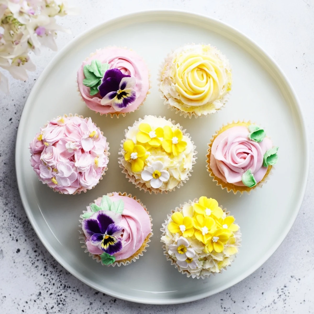 Close up of a Baby In Bloom Cupcake with piped rose buttercream and green leaf accents beside a tea filled glass.