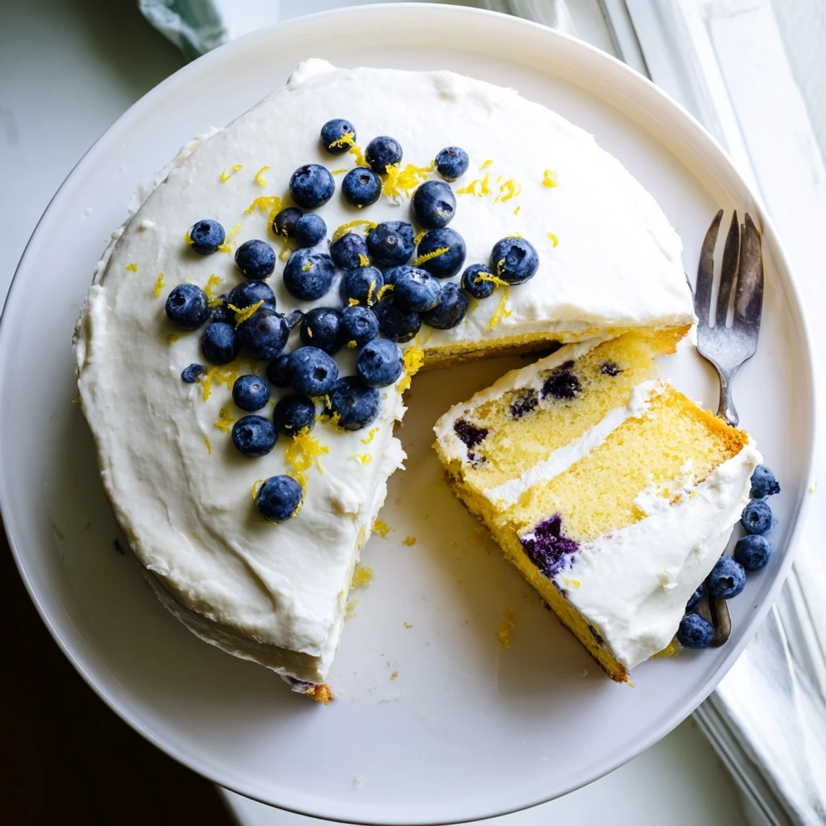Moist Lemon Blueberry Cake with Cream Cheese Frosting sits on a rustic wooden table, garnished with fresh blueberries and lemon zest.