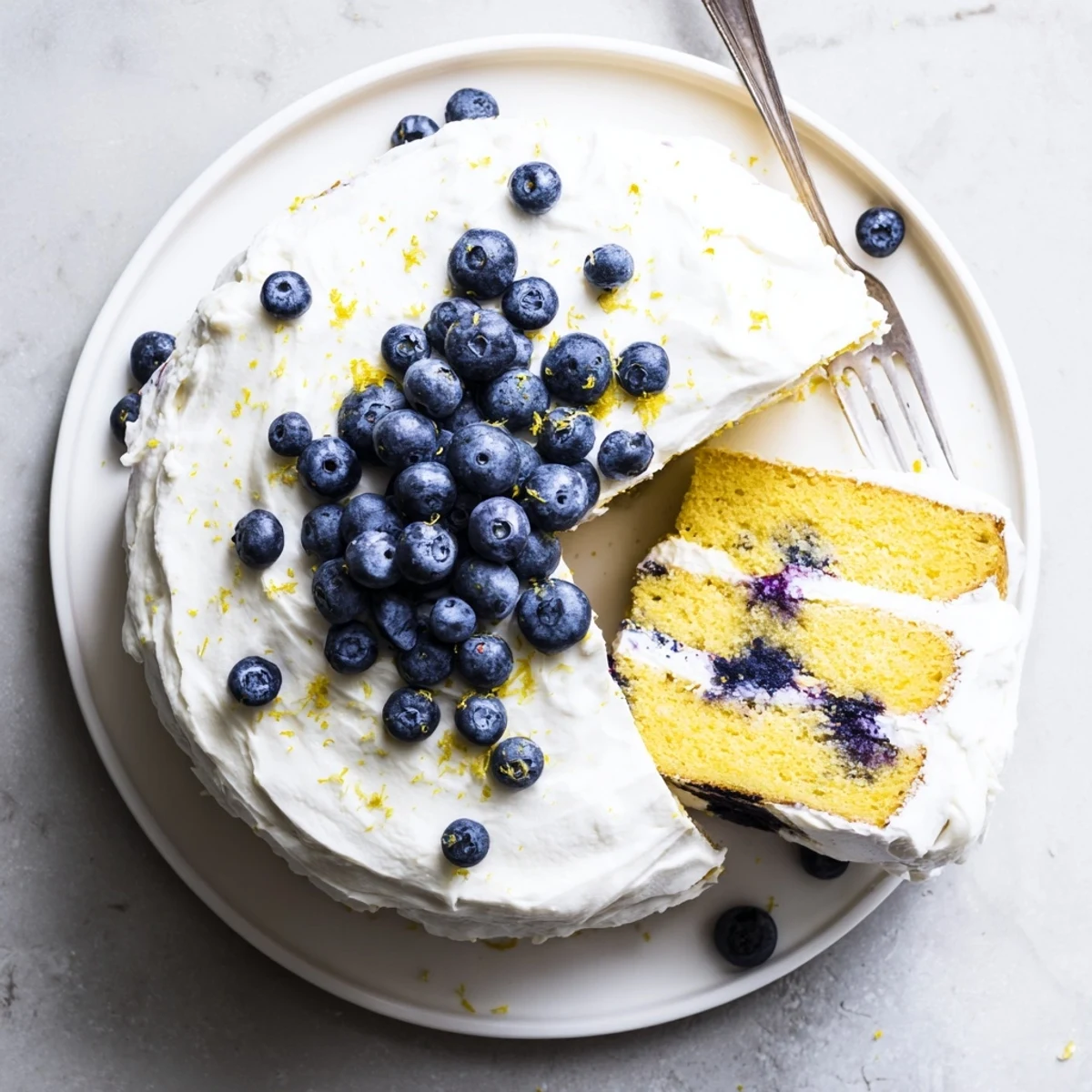 Sliced Lemon Blueberry Cake with Cream Cheese Frosting reveals tender crumb bursting with blueberries and a swirl of luscious frosting.