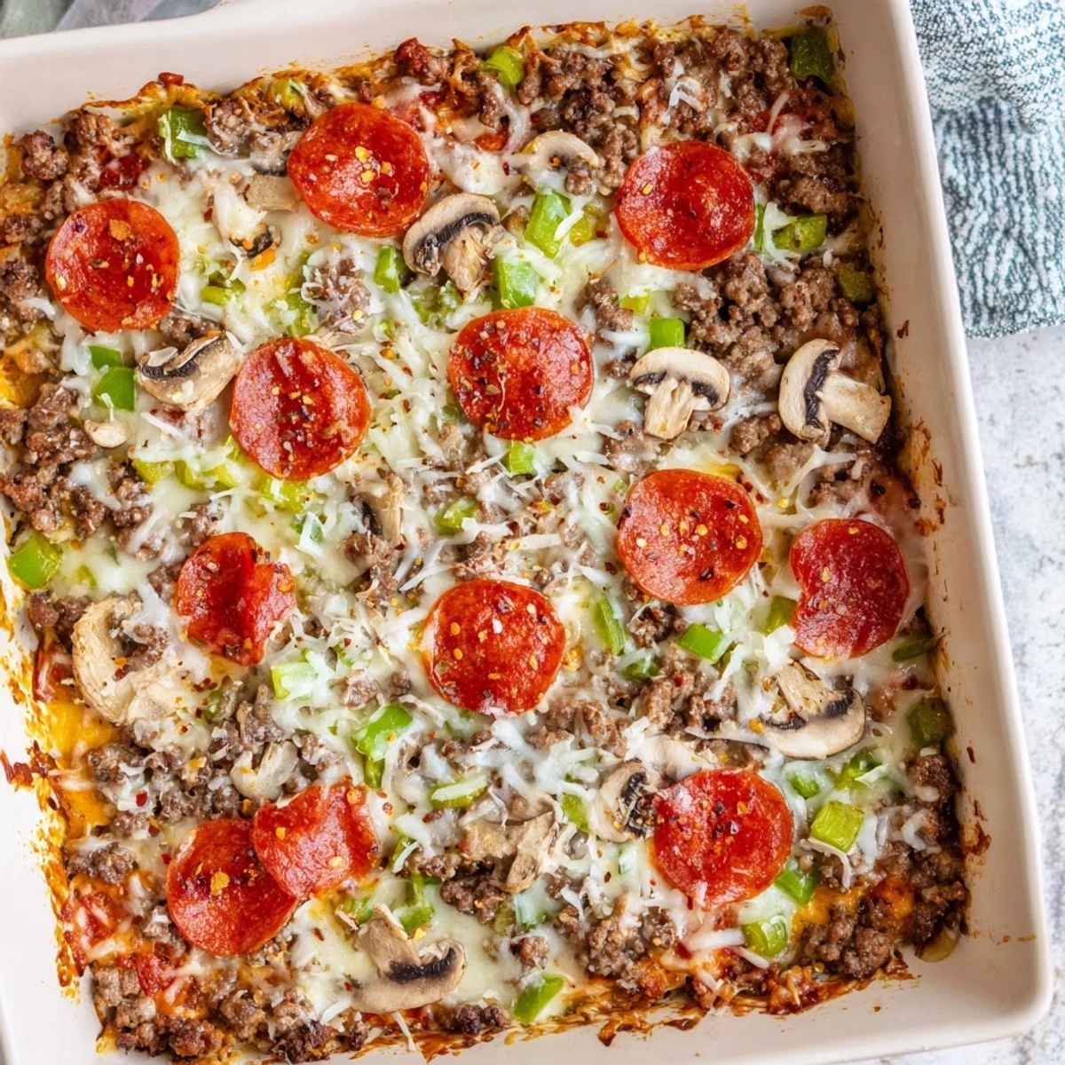 Bubbling mozzarella and browned sausage top the Easy Low Carb Keto Crustless Pizza Casserole in a baking dish.