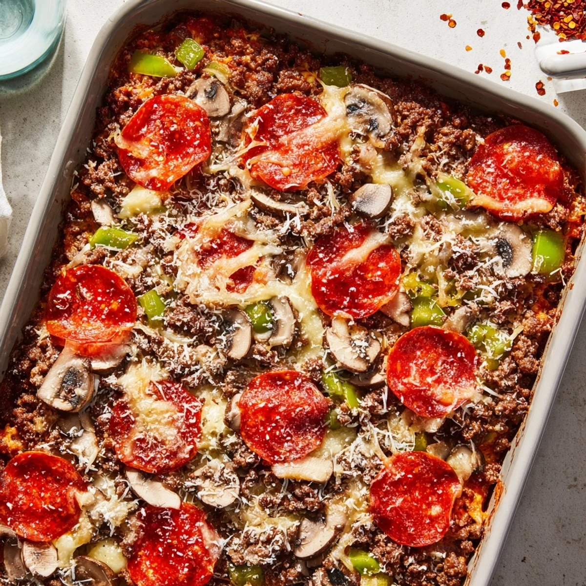 Baked Easy Low Carb Keto Crustless Pizza Casserole with golden crust next to a bowl of fresh green salad.