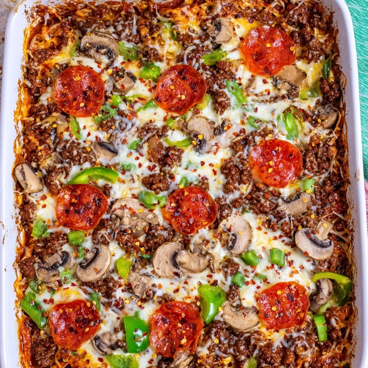 Sliced pepperoni and melted cheese garnish a serving of Easy Low Carb Keto Crustless Pizza Casserole on a plate.