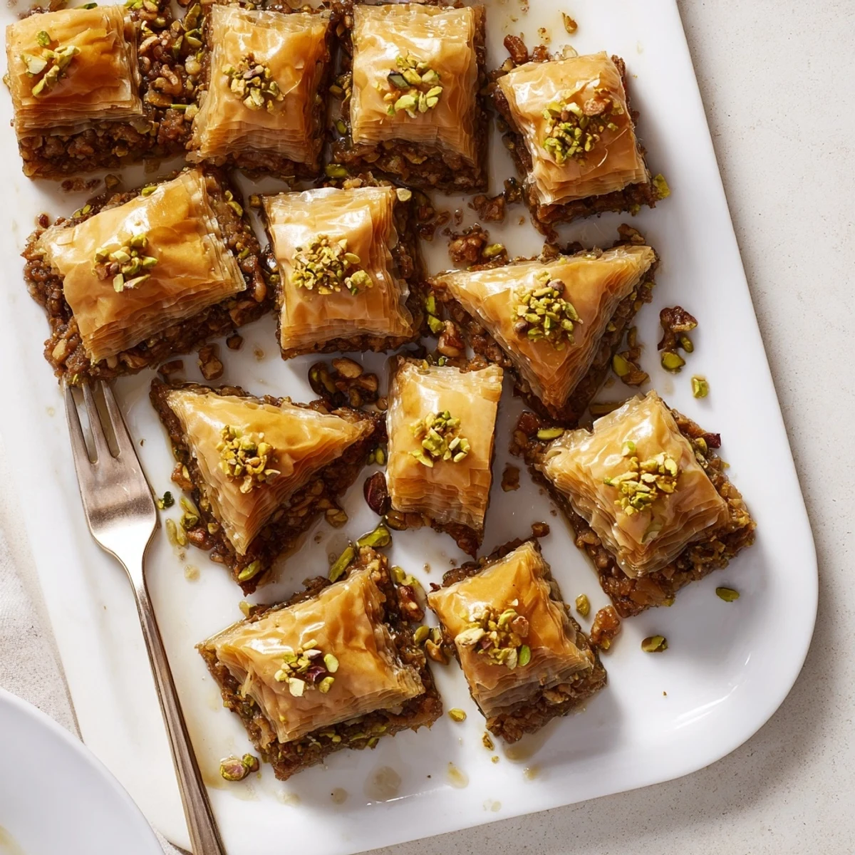 Freshly baked Greek Baklava, golden and crisp, stacked in a dish for a delicious dessert.  