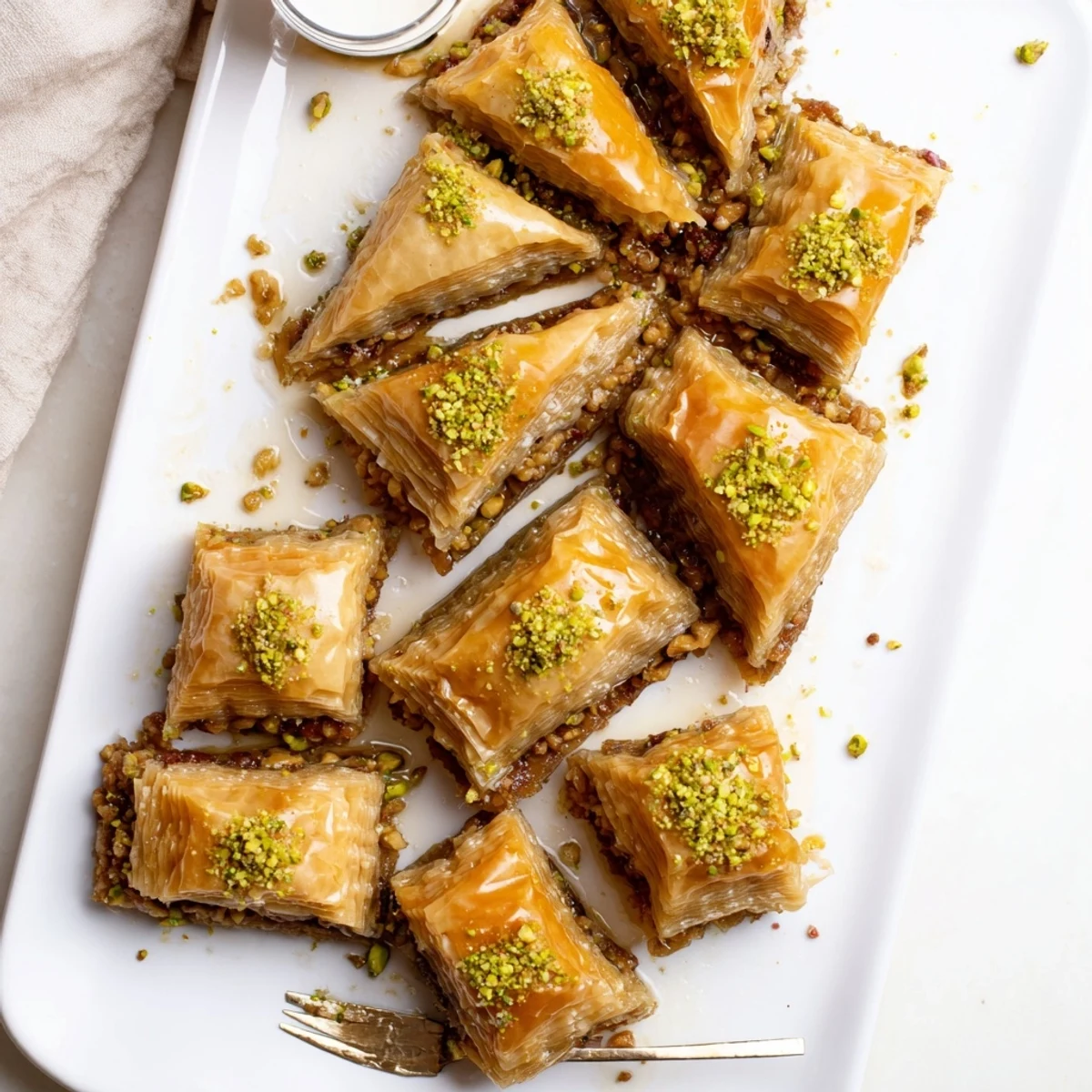 Close-up of Greek Baklava layers with honey syrup and nuts, perfect for serving guests.  