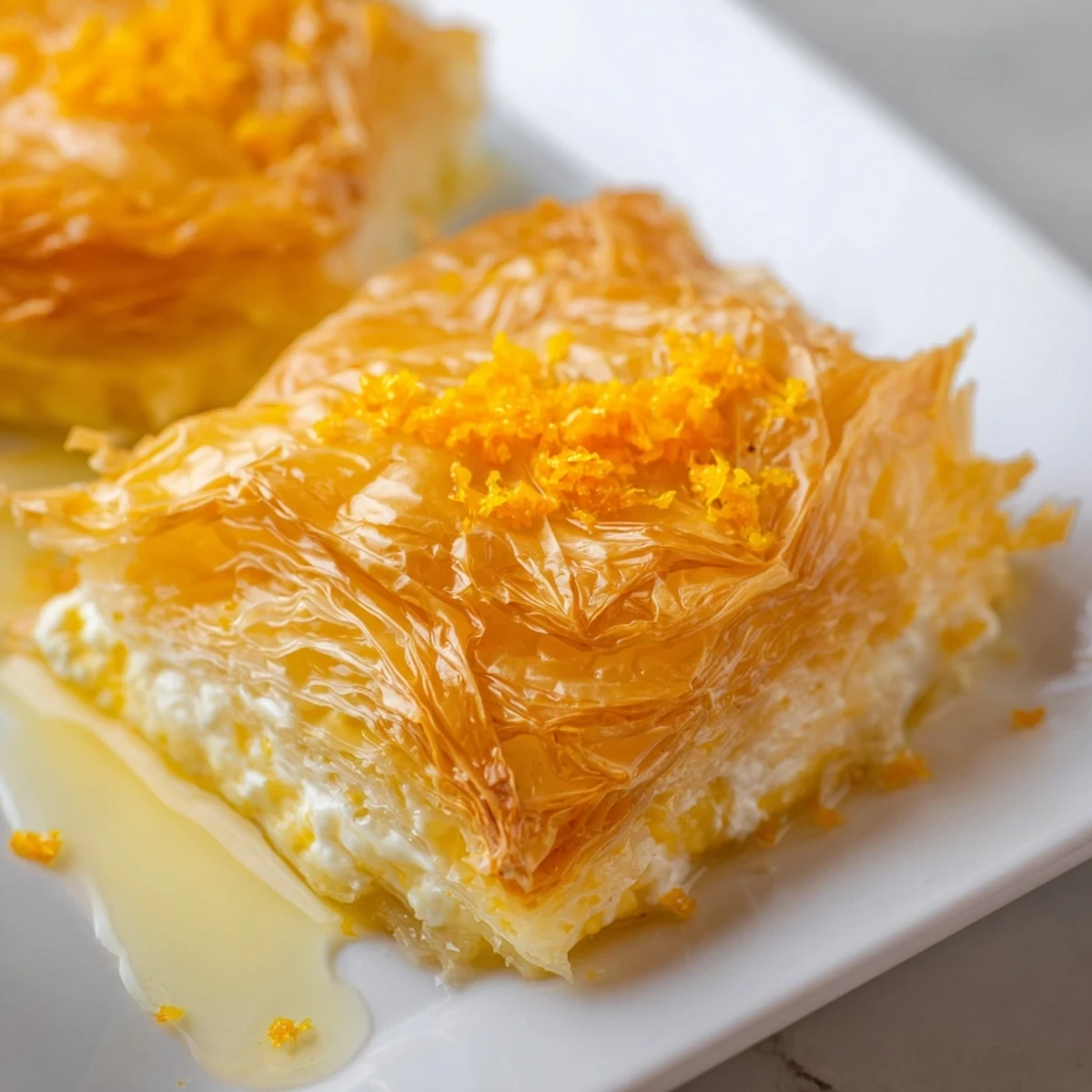 A slice of golden Portokalopita dessert soaked in sweet orange syrup on a plate.
