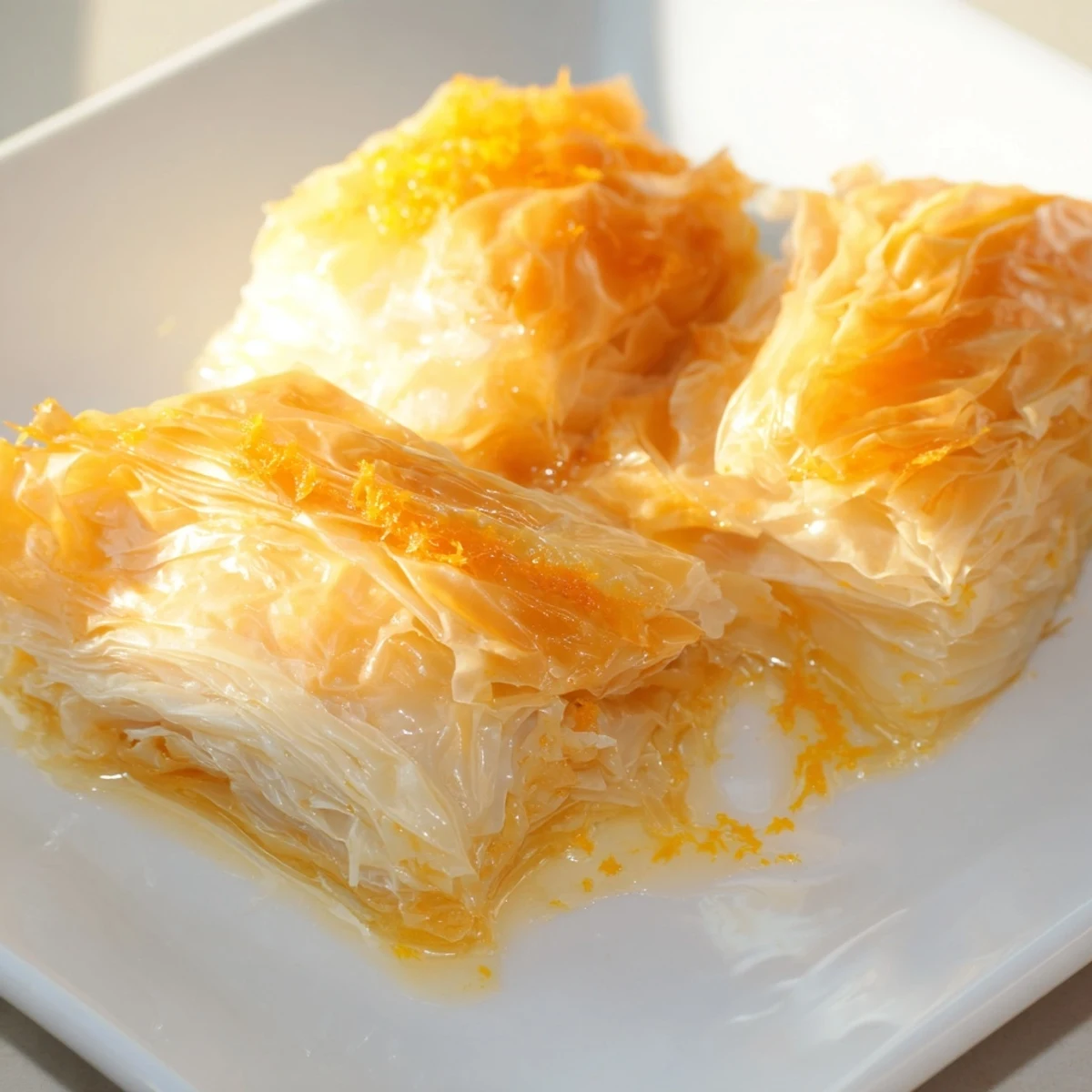 Portokalopita Greek yogurt cake with crispy phyllo layers and fresh orange zest for flavor.