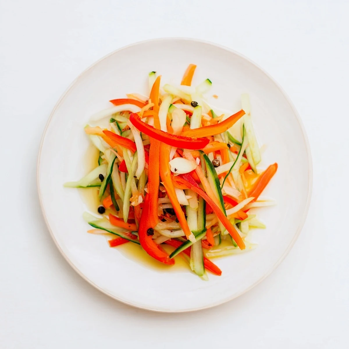 The bright Vietnamese Vegetable Pickle Medley shows crunchy daikon and carrots glistening in a glass jar with tangy brine.