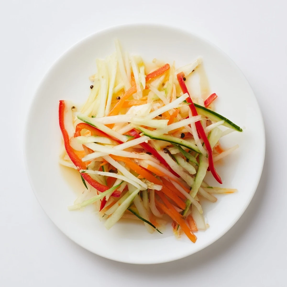A close-up of Vietnamese Vegetable Pickle Medley with vibrant red bell pepper and green cucumber slices ready for banh mi.