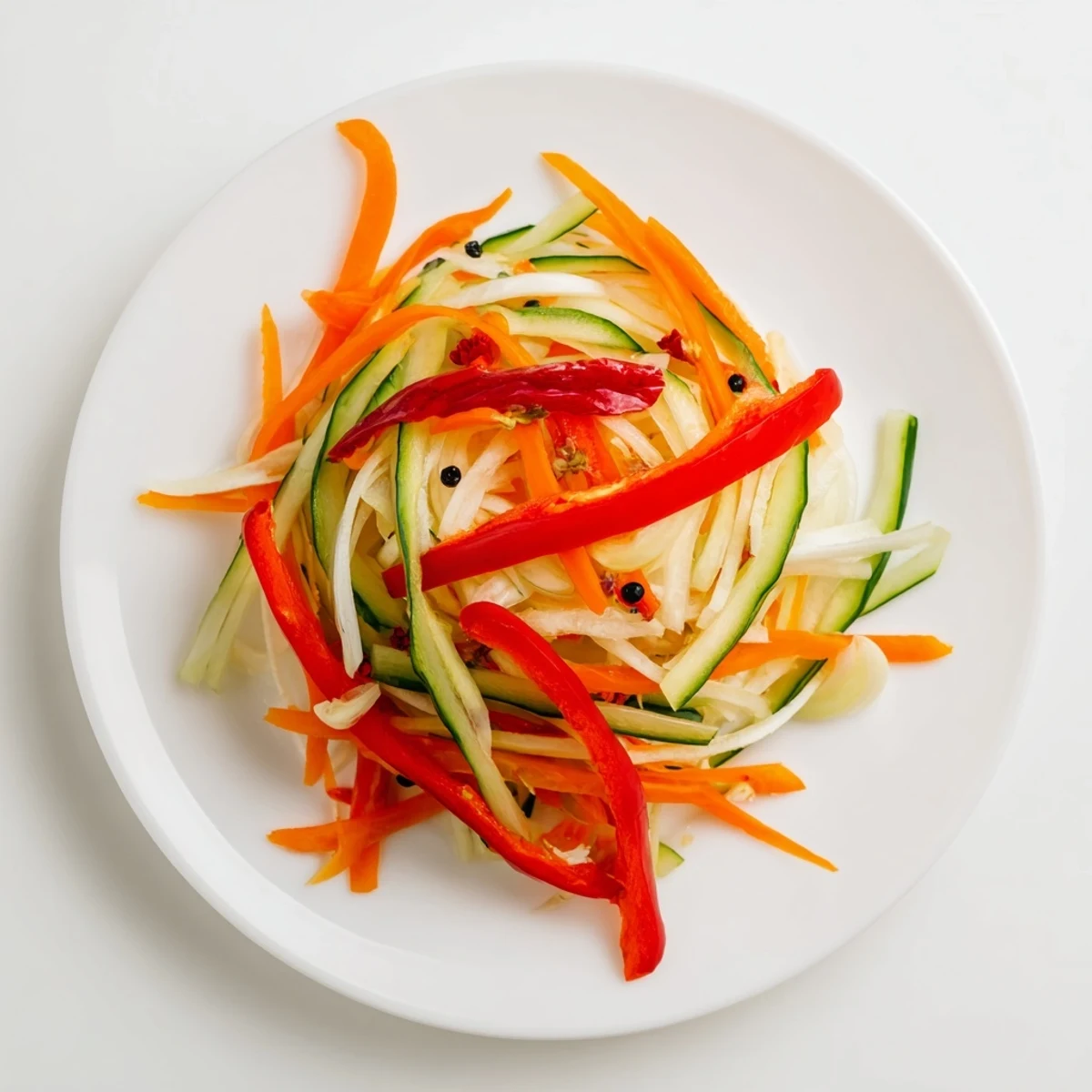 A serving of Vietnamese Vegetable Pickle Medley alongside grilled pork, garnished with fresh cilantro and spicy chili slices.