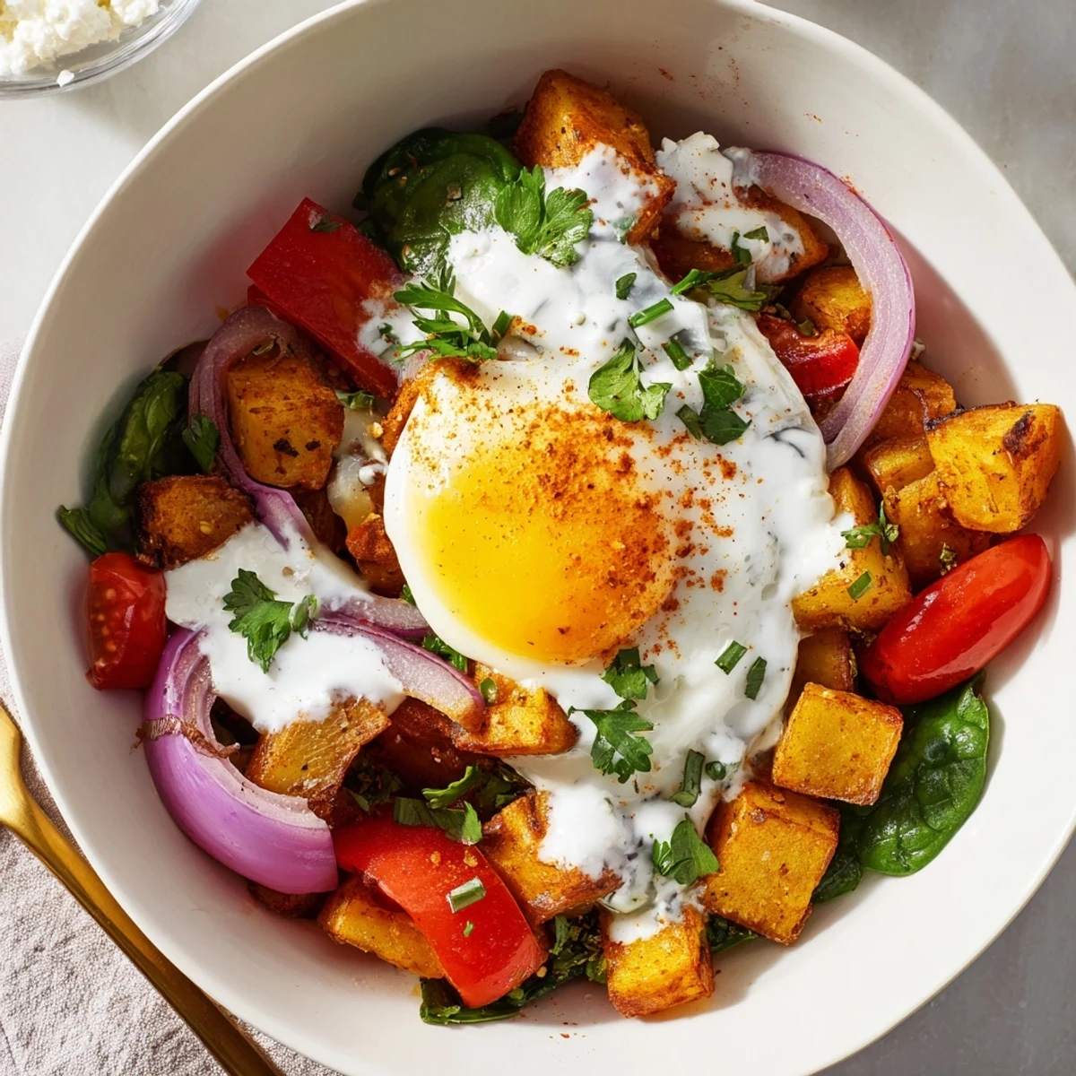 Freshly cooked Savory Breakfast Bowl with crispy potatoes, sautéed spinach, cherry tomatoes, and a runny egg topped with creamy yogurt sauce.