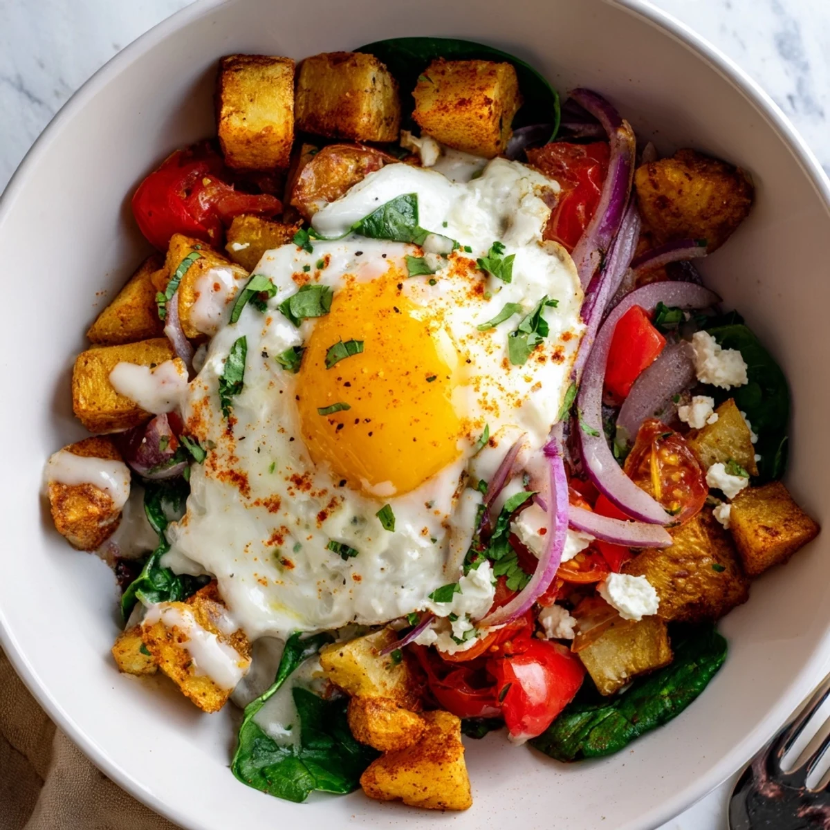 The Savory Breakfast Bowl features golden diced potatoes, colorful bell peppers, and poached eggs, perfect for a nourishing American-style breakfast.