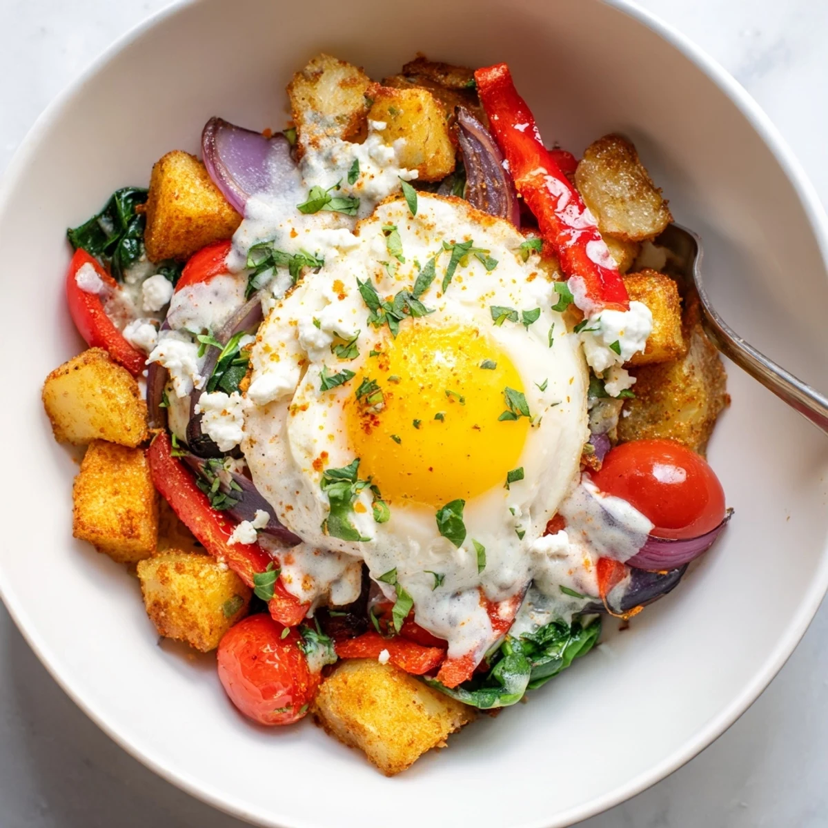 Hearty Savory Breakfast Bowl with fluffy eggs, roasted vegetables, and a zesty yogurt drizzle, served warm and ideal for a busy morning.