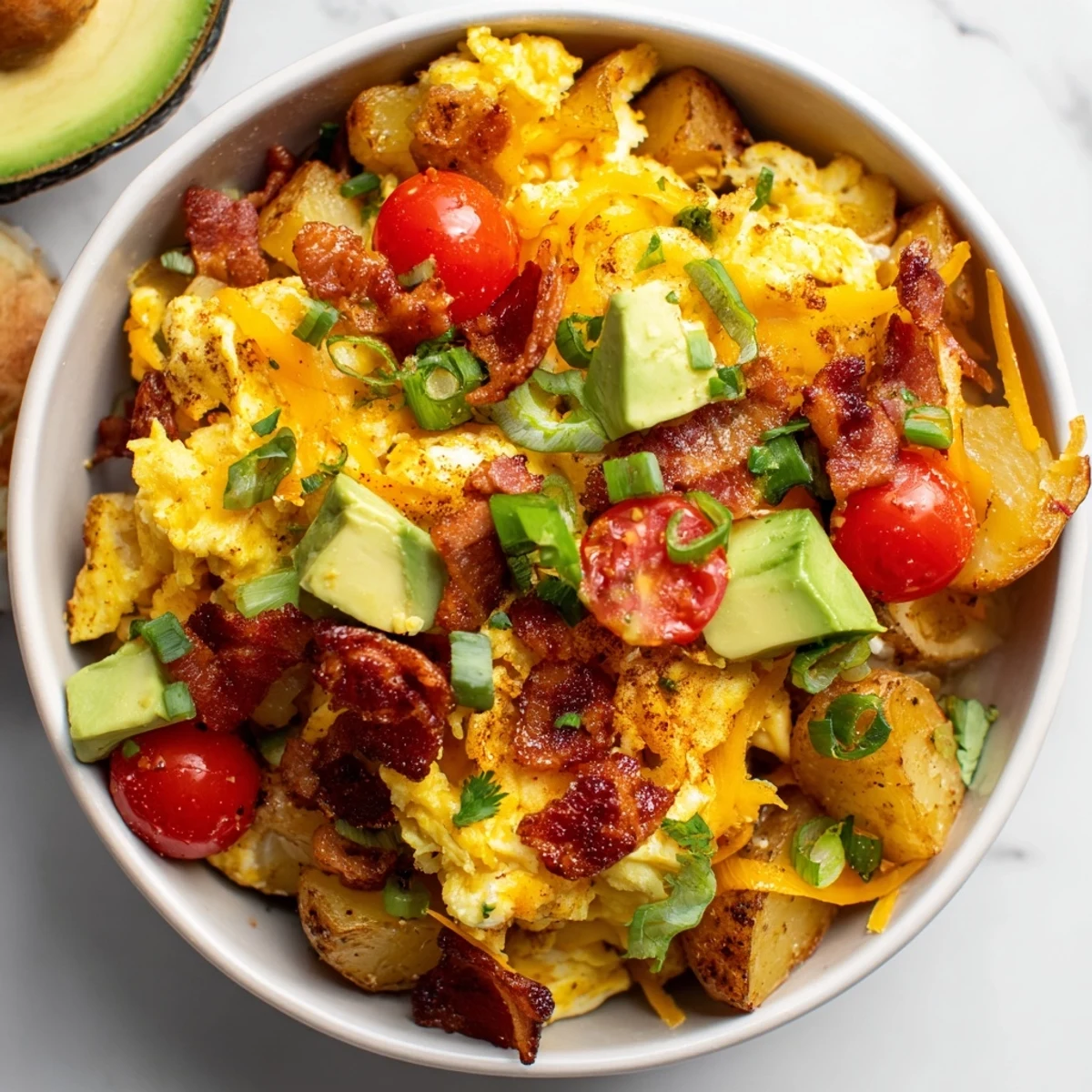 Close-up of a Loaded Breakfast Bowl revealing layers of eggs, bacon, potatoes, and cheese, topped with diced avocado and cherry tomatoes for a hearty meal.