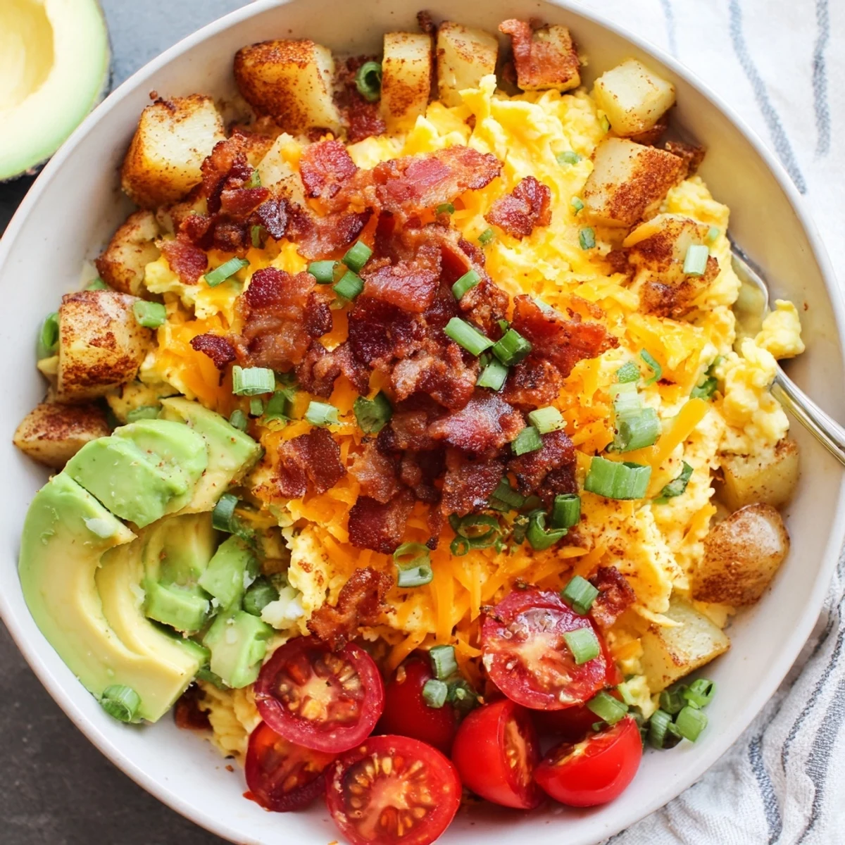 Steaming Loaded Breakfast Bowl with fluffy eggs, savory bacon, crispy potatoes, and sharp cheddar, garnished with green onions and served with a side of hot sauce.