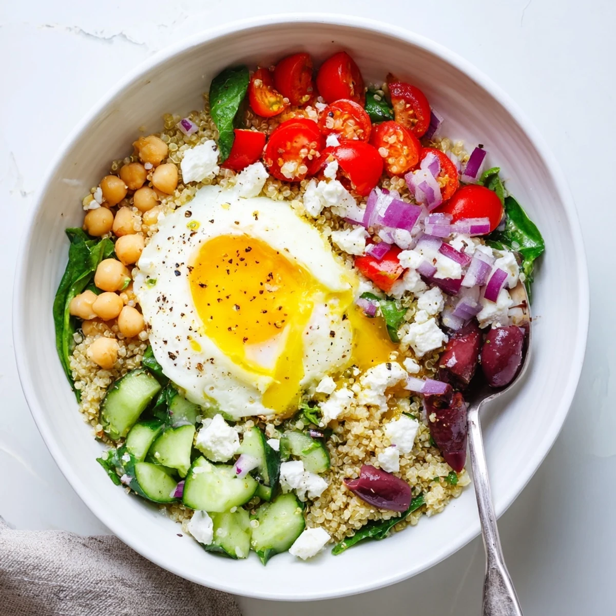 Bright Mediterranean Breakfast Bowls with fluffy quinoa, chickpeas, and a sunny fried egg.