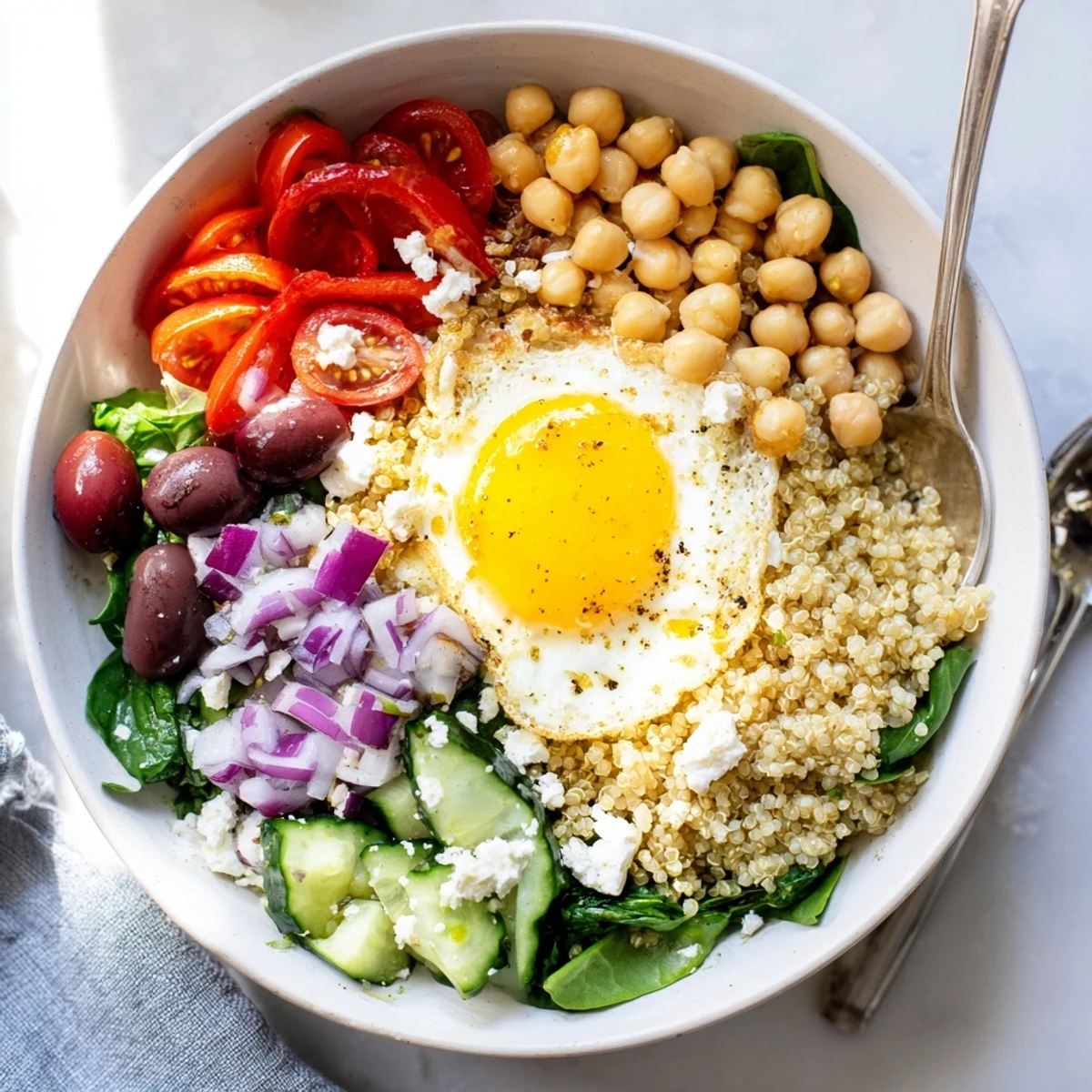 Colorful Mediterranean Breakfast Bowls filled with fresh veggies, feta, and zesty lemon dressing.