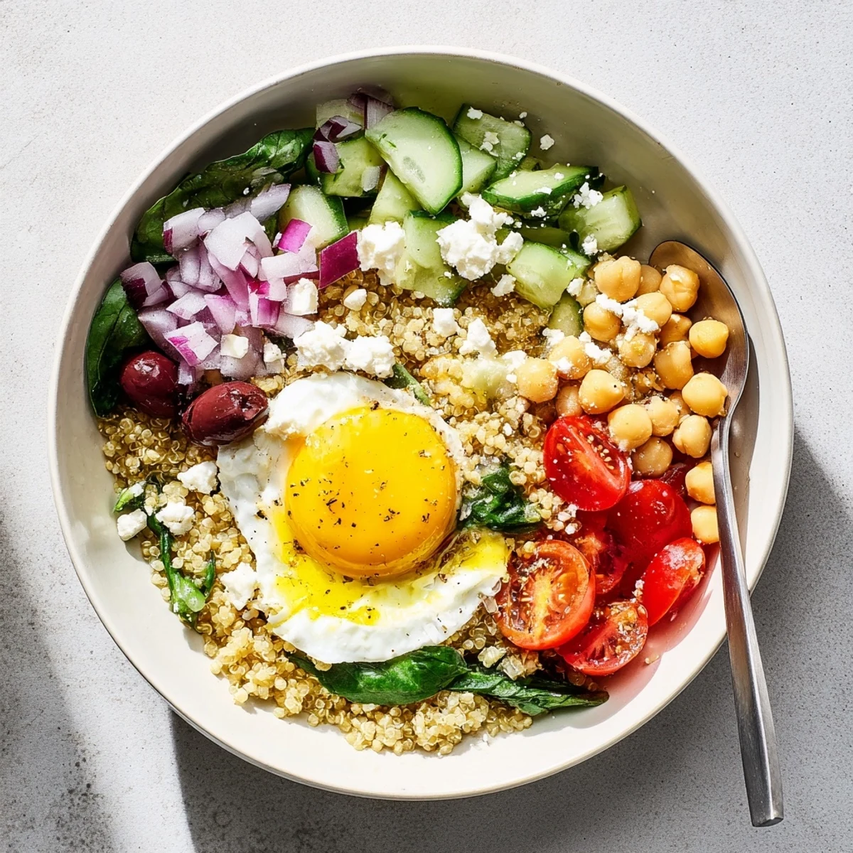Hearty Mediterranean Breakfast Bowls topped with Kalamata olives and creamy feta, served warm.
