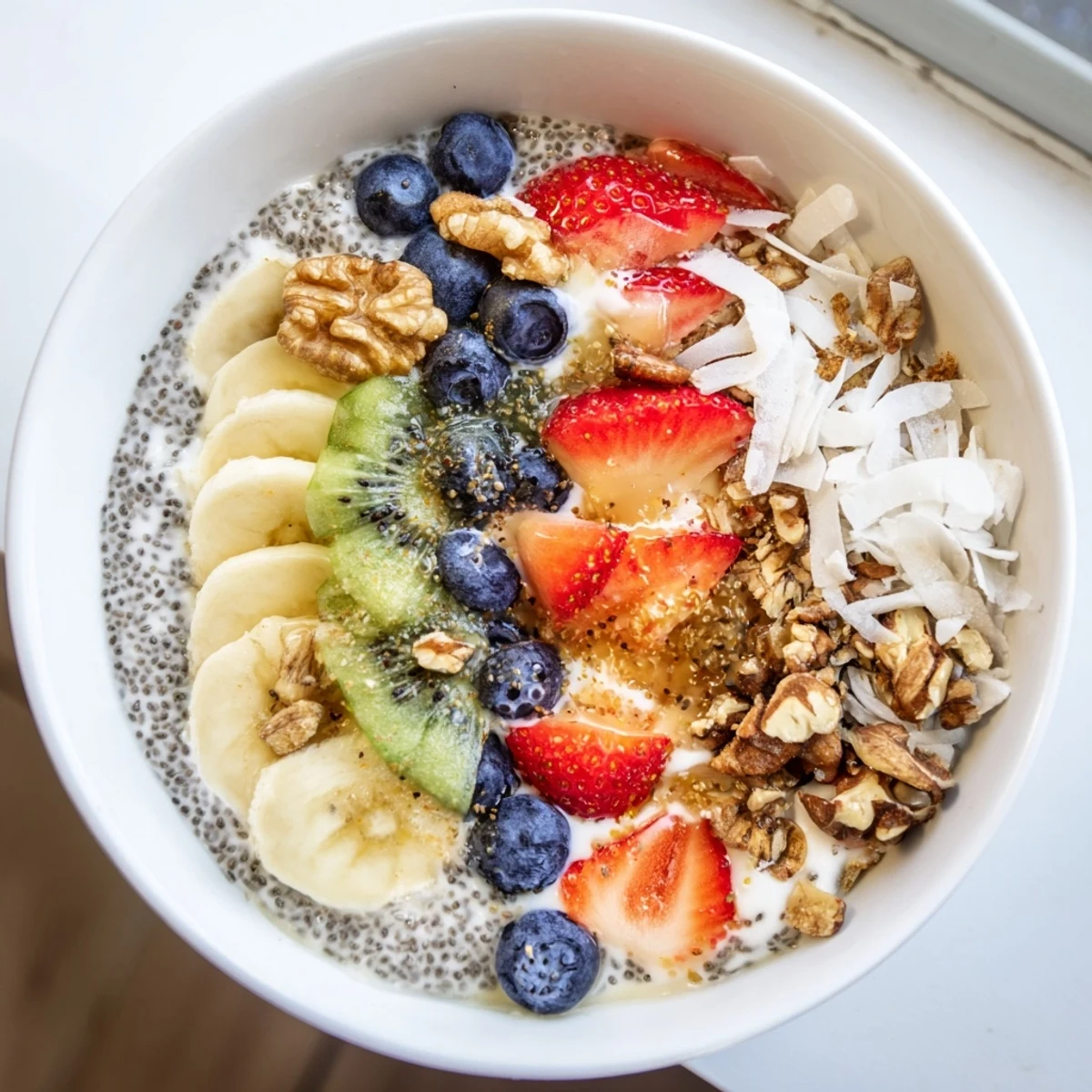The Healthy Breakfast Bowl features colorful fresh fruit, chia seeds, and chopped nuts, drizzled with honey for a sweet, wholesome breakfast.