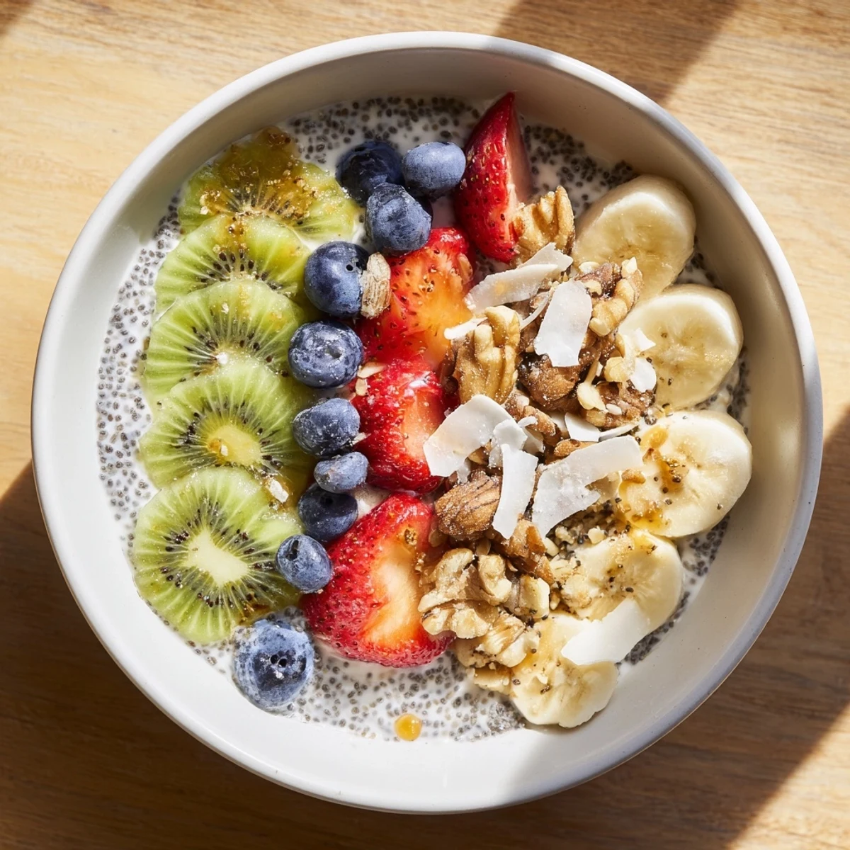 A serving of Healthy Breakfast Bowl with kiwi and berries layered over yogurt, garnished with granola and shredded coconut for texture.