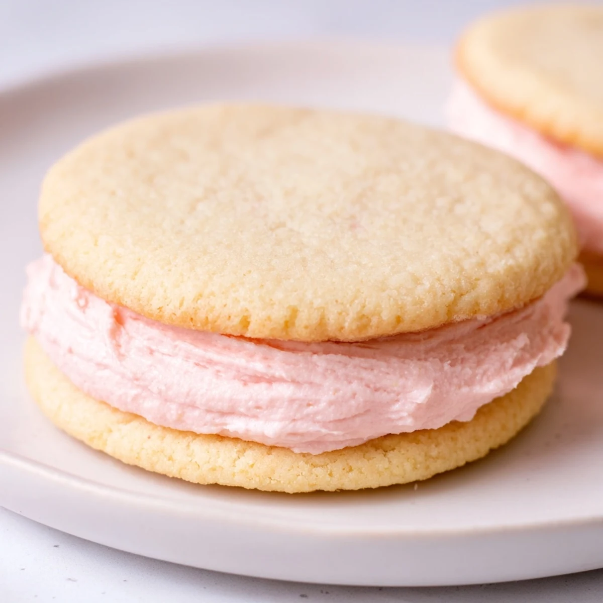 Soft, buttery Pastel Sugar Cookie Sandwiches with pink and blue buttercream filling on a white plate.