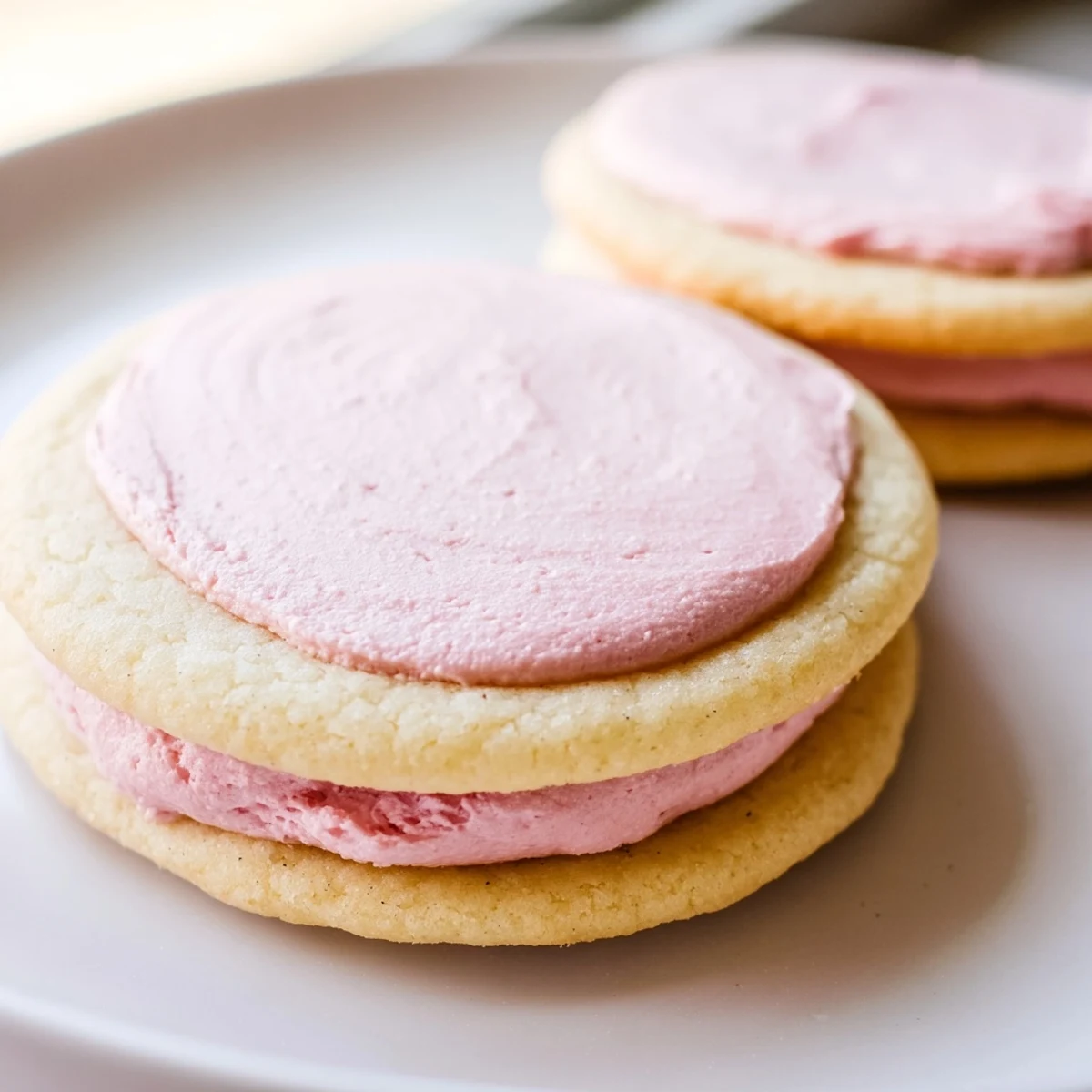 Pastel Sugar Cookie Sandwiches stacked on a marble counter with a glass of milk for dipping.