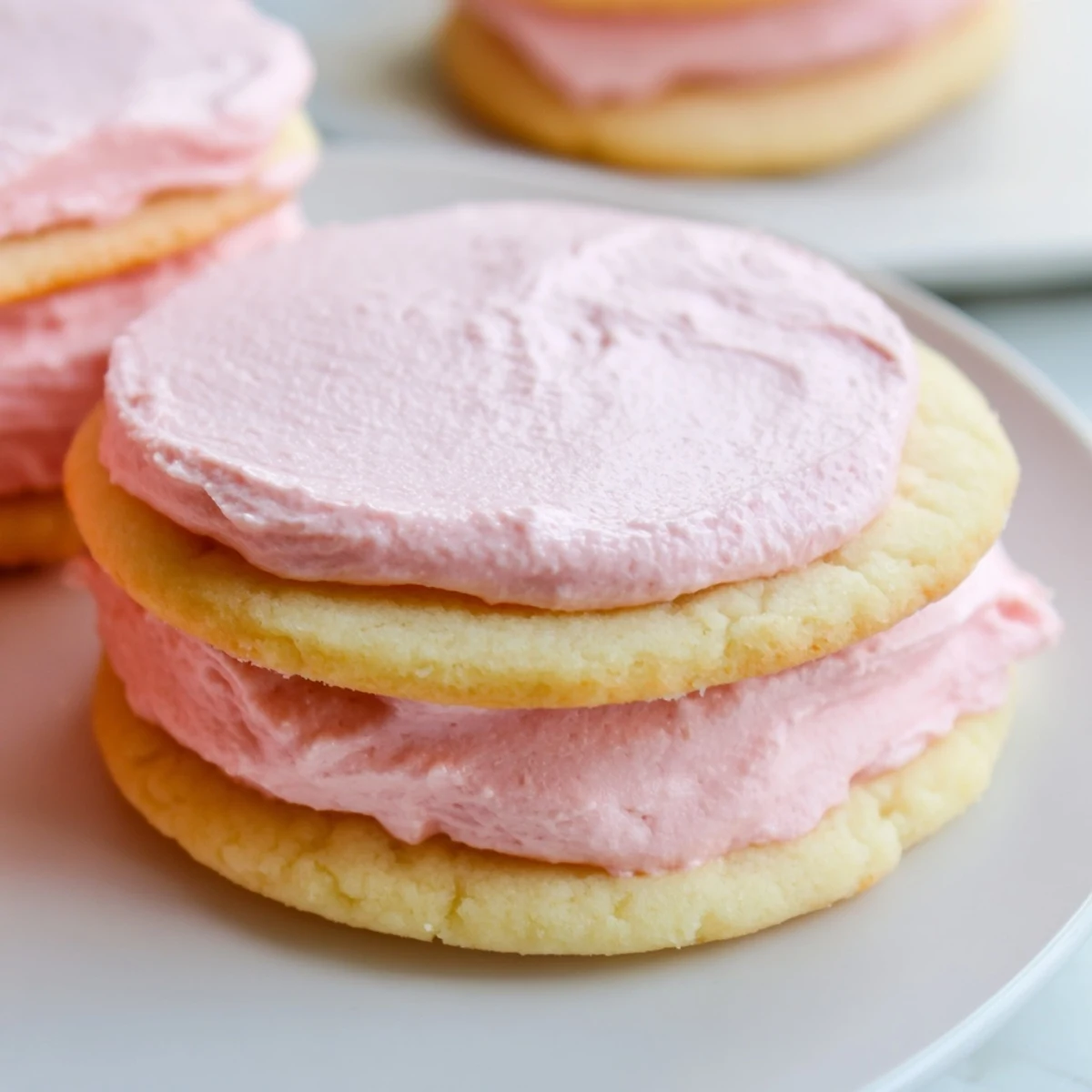 Festive Pastel Sugar Cookie Sandwiches on a wooden board, showing the creamy pastel filling inside.