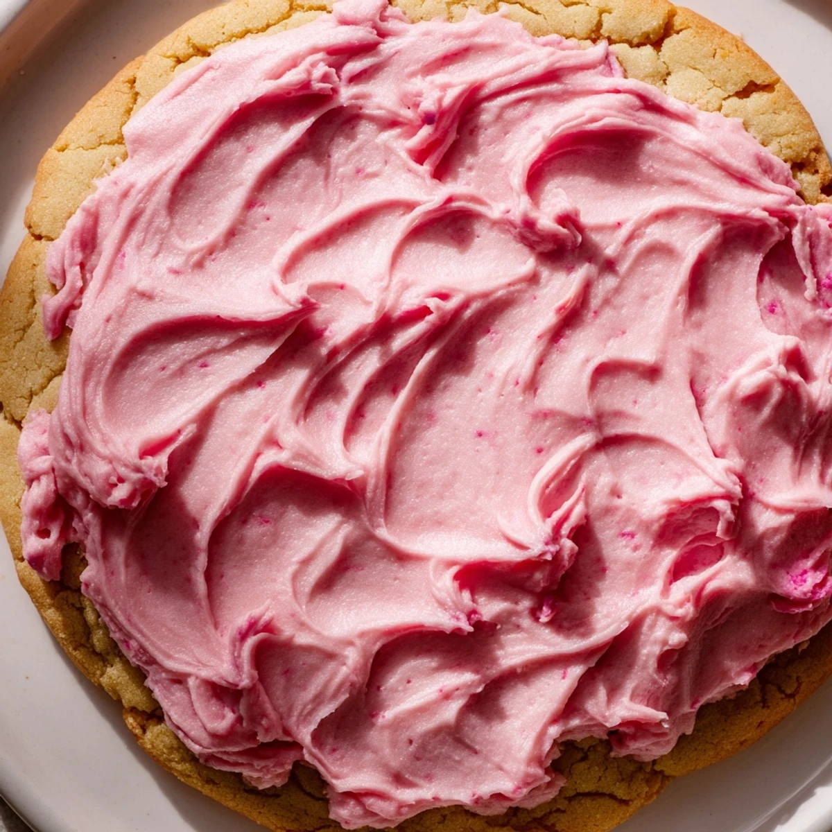 Two chilled Giant Chilled Crumbl Sugar Cookies sit on a marble surface, showcasing thick pink vanilla frosting swirled with a spatula.
