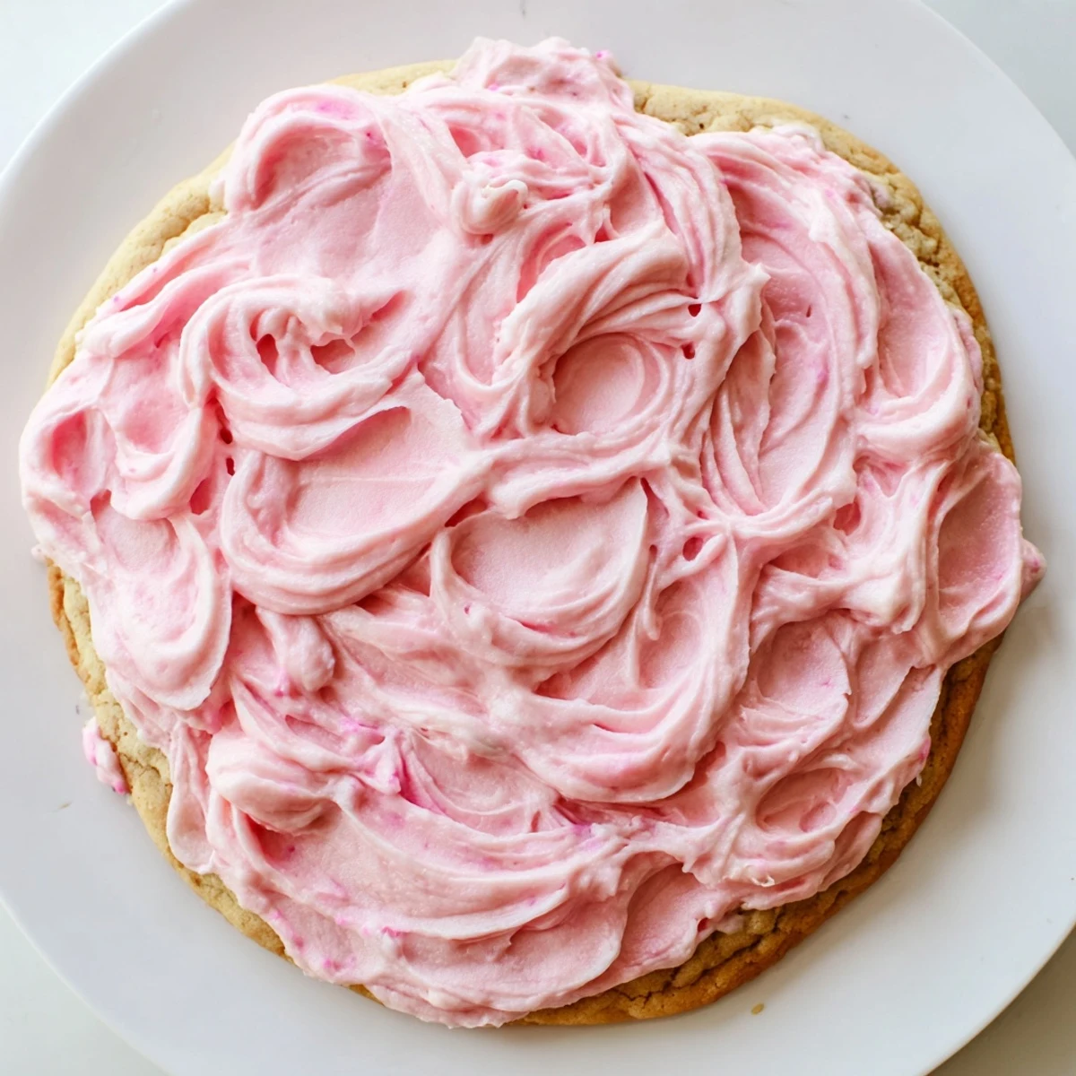 A close-up of a giant sugar cookie reveals a soft, chewy center topped with bright pink frosting, served chilled for summer.