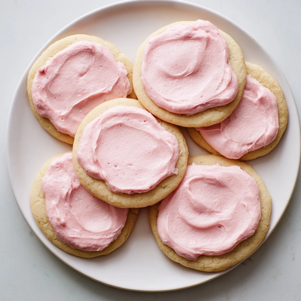 A close-up of Crumbl Sugar Cookies with thick soft centers and creamy pink almond frosting, perfect for a party platter.