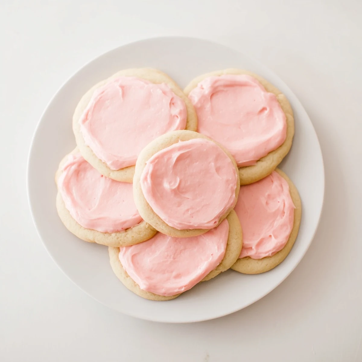 A plate of Crumbl Sugar Cookies showing detailed pink almond frosting swirls and a tender bakery-style crumb on top.