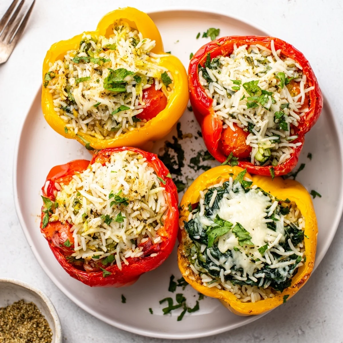 A close-up of Vegetarian Stuffed Bell Peppers with melted mozzarella and golden edges, served on a rustic plate.