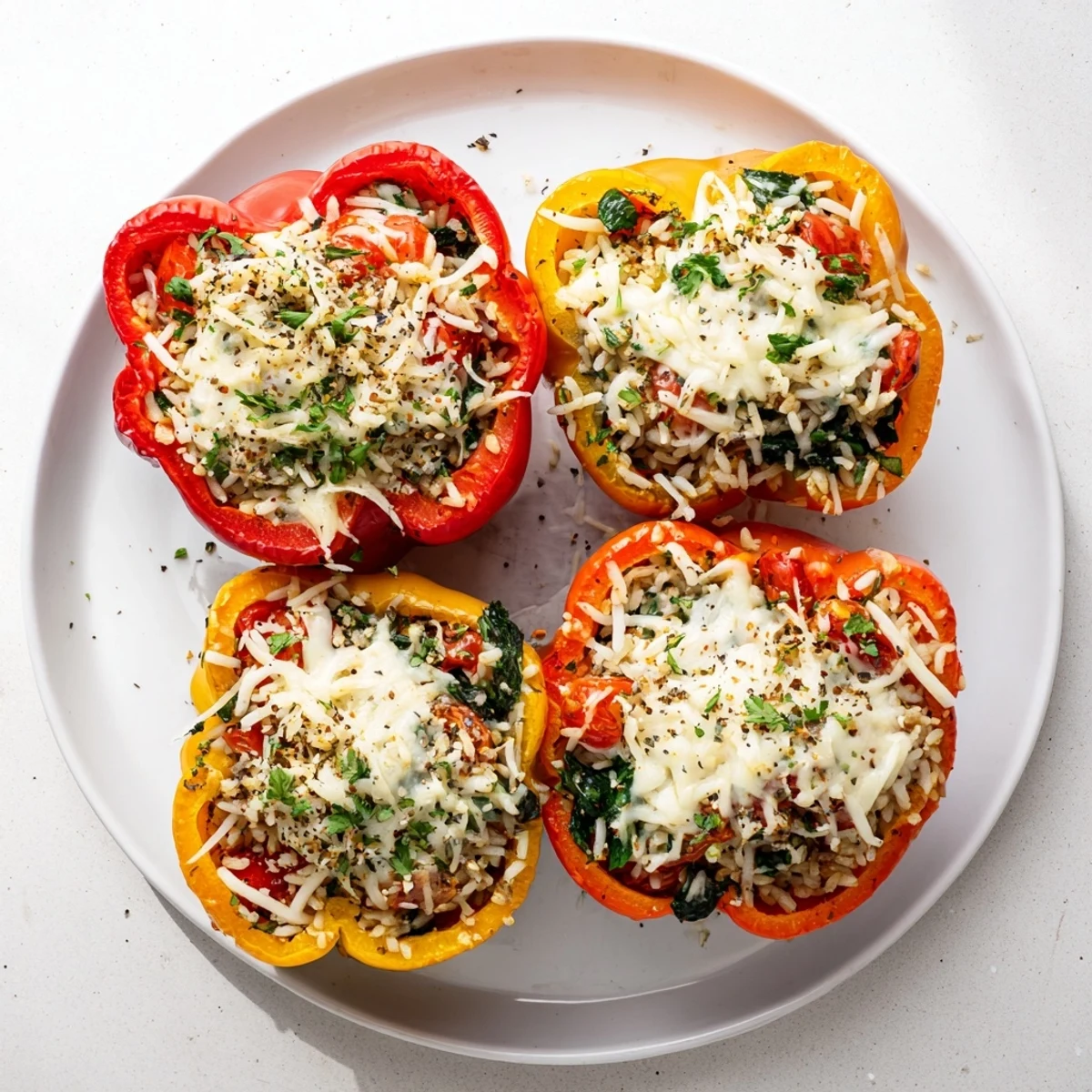 Golden-baked Vegetarian Stuffed Bell Peppers topped with parsley, sitting in a ceramic dish, ready for a wholesome family dinner.