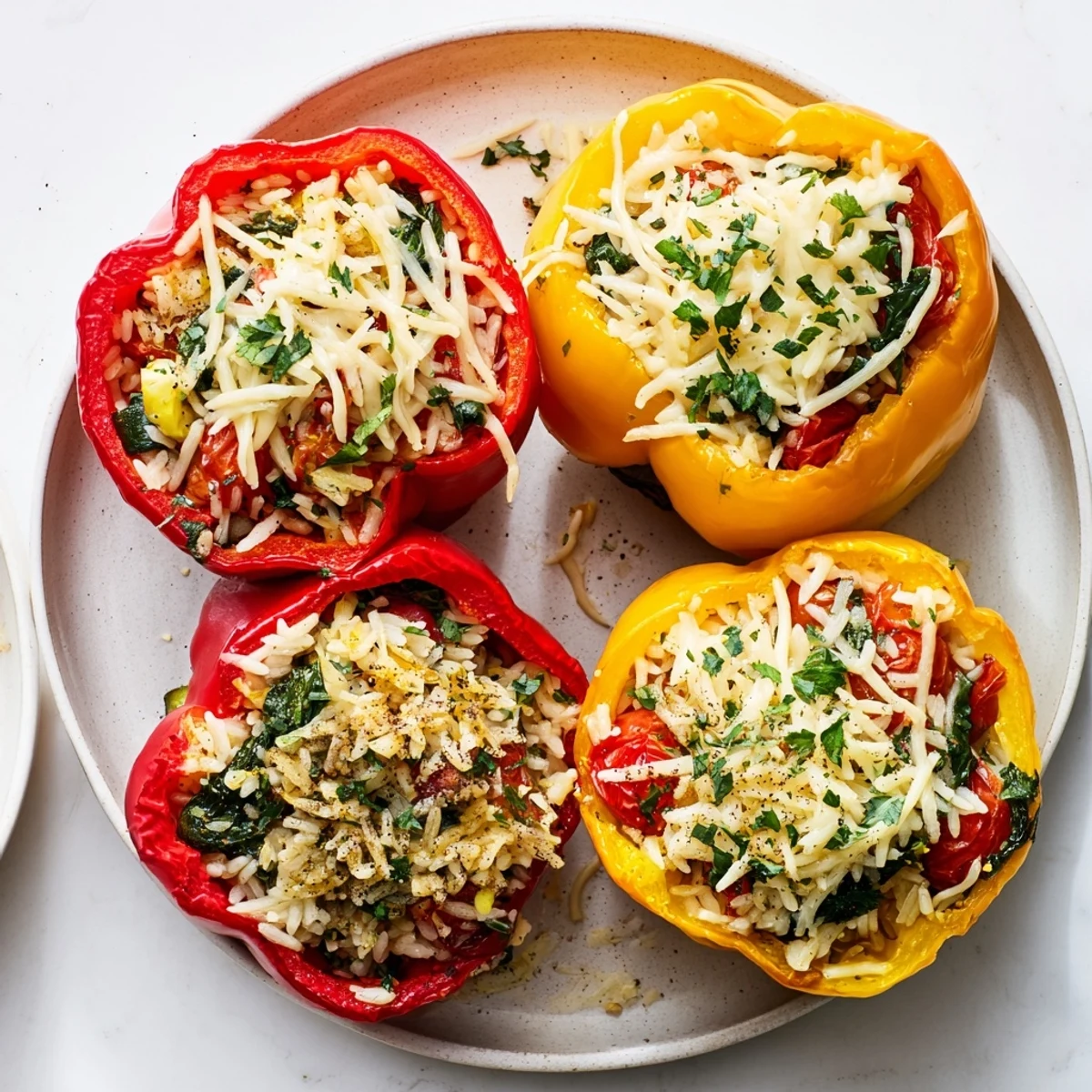 A colorful platter of Vegetarian Stuffed Bell Peppers filled with rice, veggies, and cheese, served alongside fresh green salad.