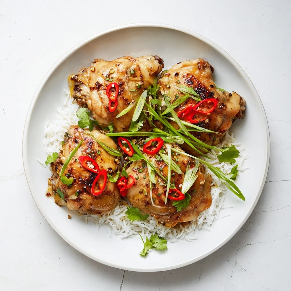 Golden pan-seared Vietnamese Lemongrass Chicken thighs, garnished with fresh cilantro, sliced scallions, and red chili over steamed jasmine rice.