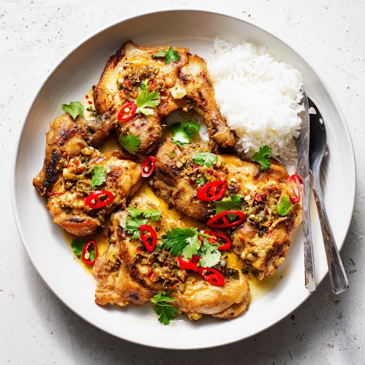 Aromatic Vietnamese Lemongrass Chicken with visible lemongrass and garlic, served alongside a bowl of vermicelli noodles for dinner.