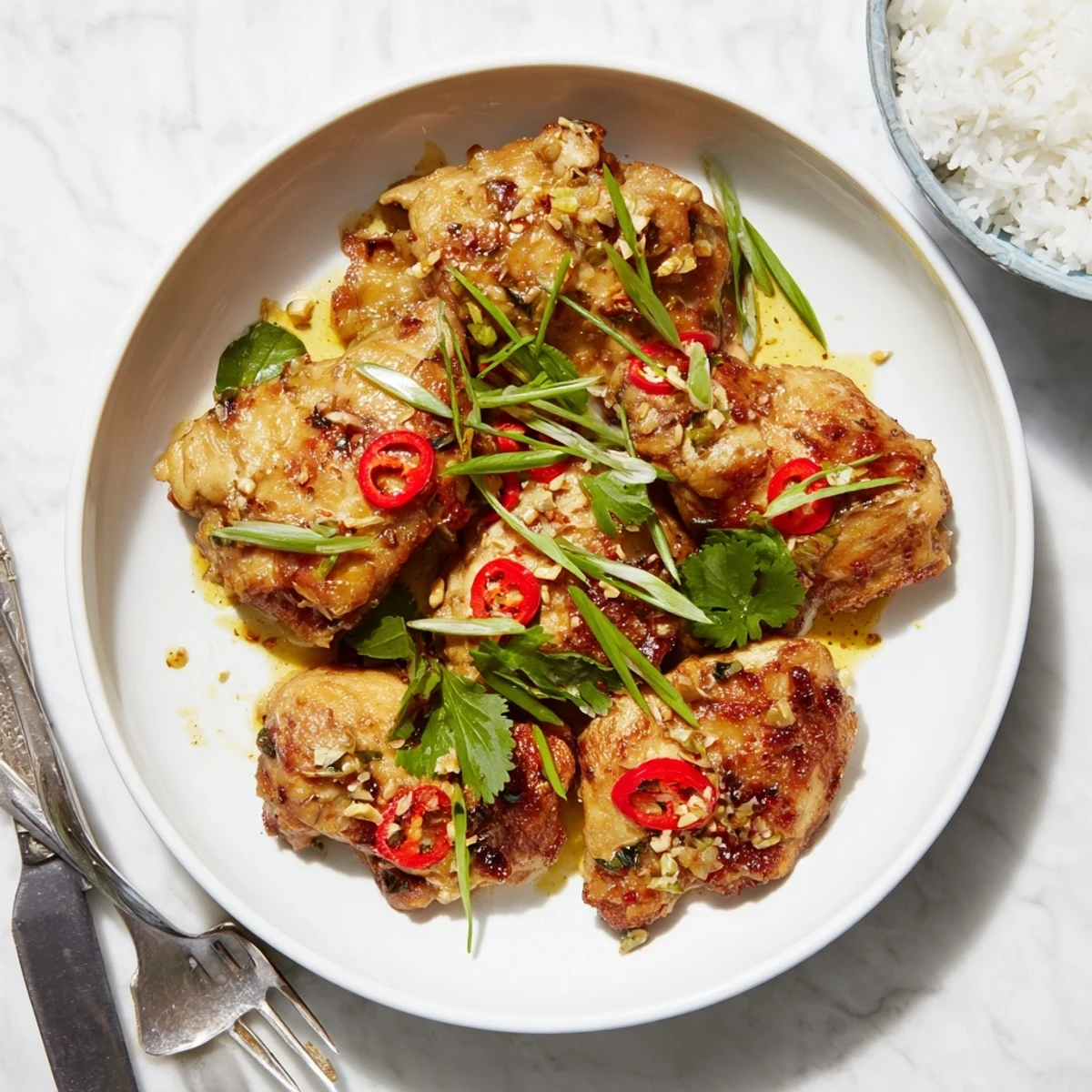 Sizzling Vietnamese Lemongrass Chicken fresh from the skillet, garnished with red chili slices and green scallions on white ceramic plate.