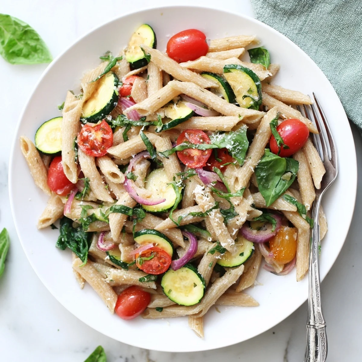 A close-up of Healthy Tomato Zucchini Pasta in a white bowl, showcasing colorful vegetables.