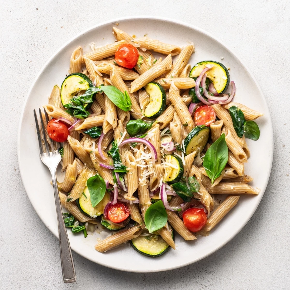 Steaming Healthy Tomato Zucchini Pasta features al dente noodles, cherry tomatoes, and zucchini in a light sauce.