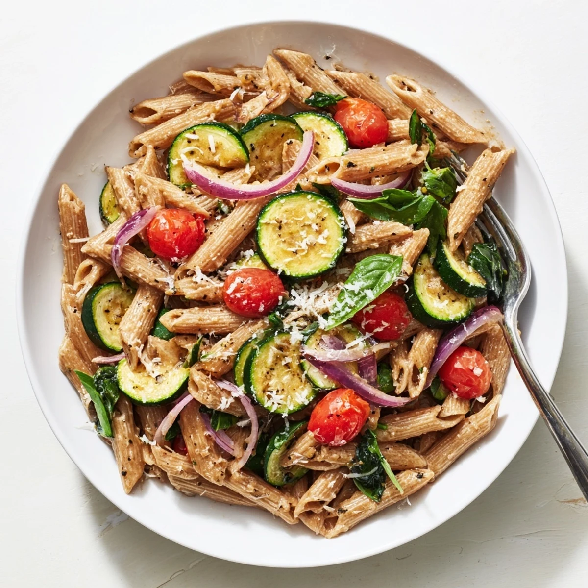 Healthy Tomato Zucchini Pasta is tossed with fresh herbs and served alongside a glass of white wine.
