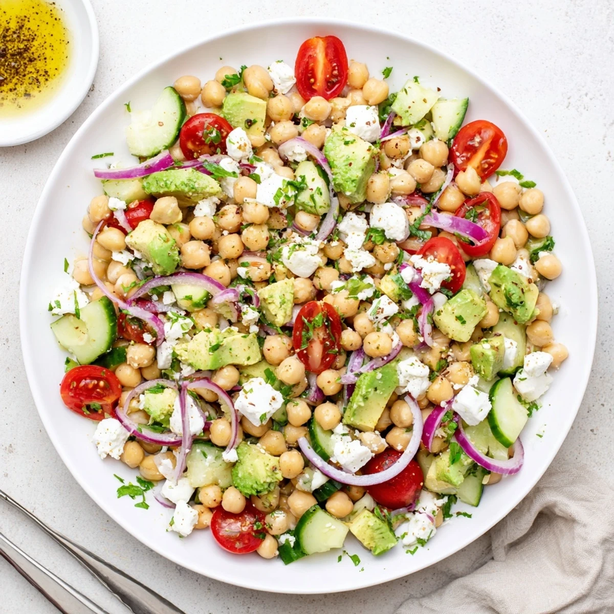 Bright, fresh Chickpea Feta Avocado Salad in a white bowl with ripe avocado chunks, red cherry tomatoes, and crumbled feta cheese. Finished with a zesty lemon dressing, this vibrant vegetarian salad makes a perfect Mediterranean lunch for two.