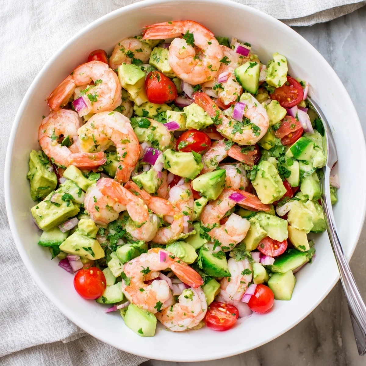 A close-up of the Healthy Shrimp Avocado Salad showcasing succulent shrimp, creamy avocado chunks, crisp red onion, and a vibrant lime vinaigrette.