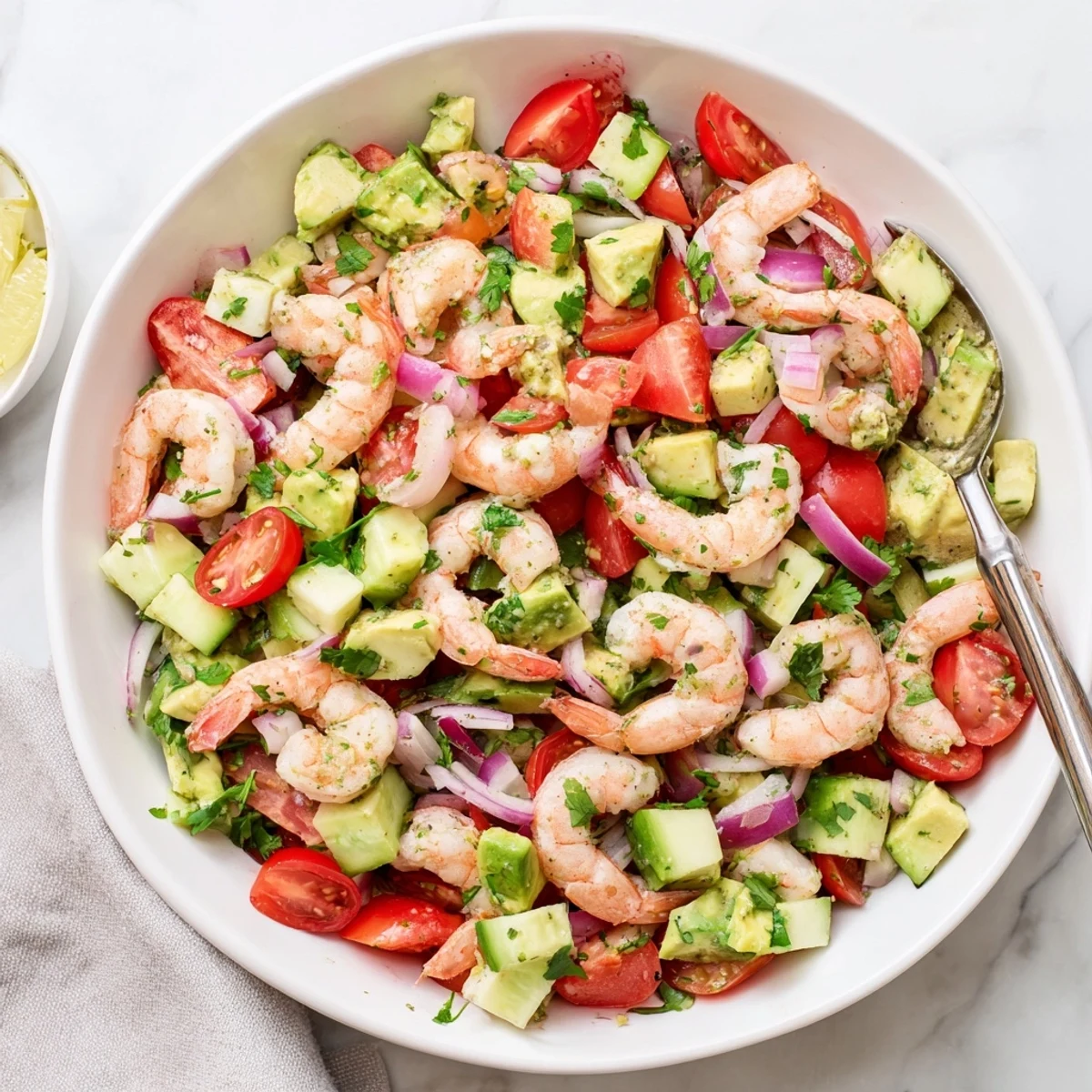 Freshly boiled pink shrimp tossed with diced avocado, cucumbers, cherry tomatoes, and cilantro in a zesty lime dressing for the Healthy Shrimp Avocado Salad.