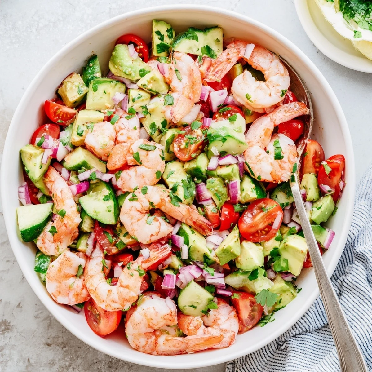 Serving suggestion for the Healthy Shrimp Avocado Salad plated in a white bowl, garnished with fresh herbs and ready for a light low-carb lunch.