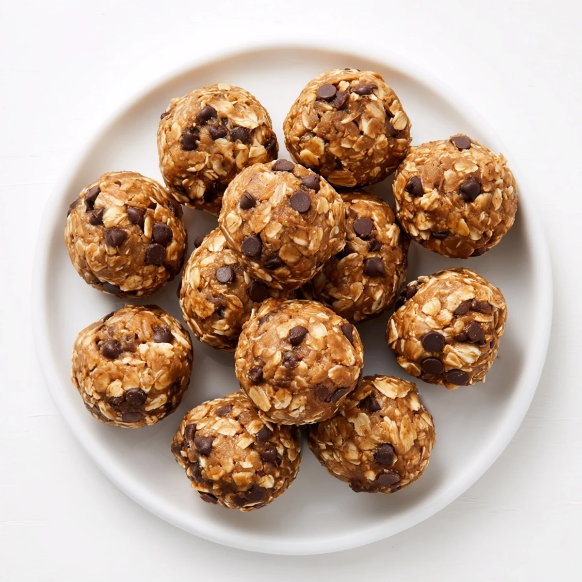 Close-up of No Bake Peanut Butter Energy Bites on a white plate, showing chewy texture and chocolate chips.