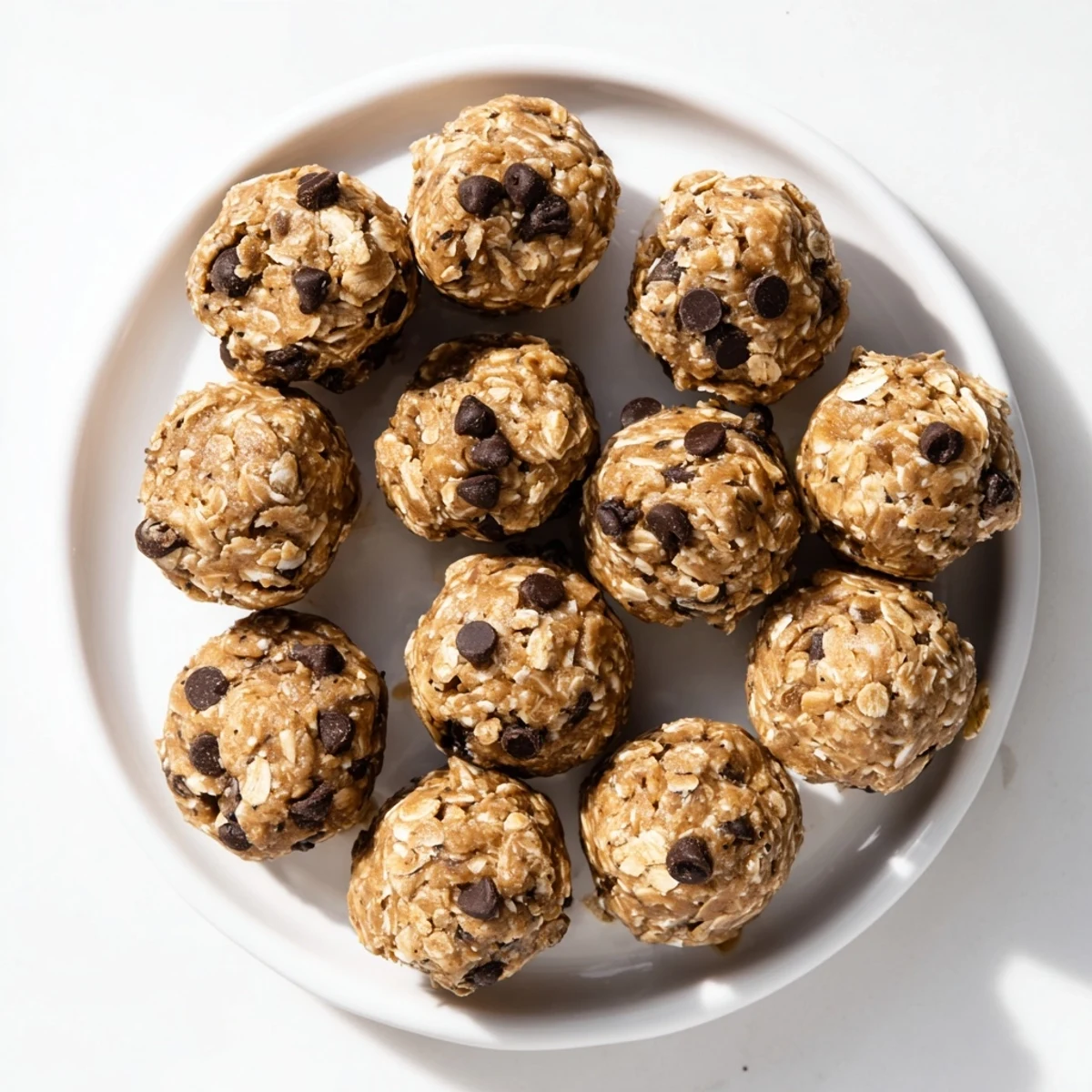 Hand holding a No Bake Peanut Butter Energy Bite, revealing oats and seeds inside on a marble counter.