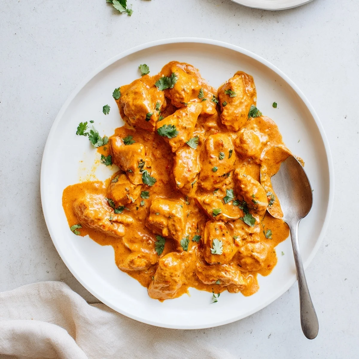 Golden, creamy butter chicken simmering in a rich tomato sauce, garnished with fresh cilantro and served alongside fluffy basmati rice.