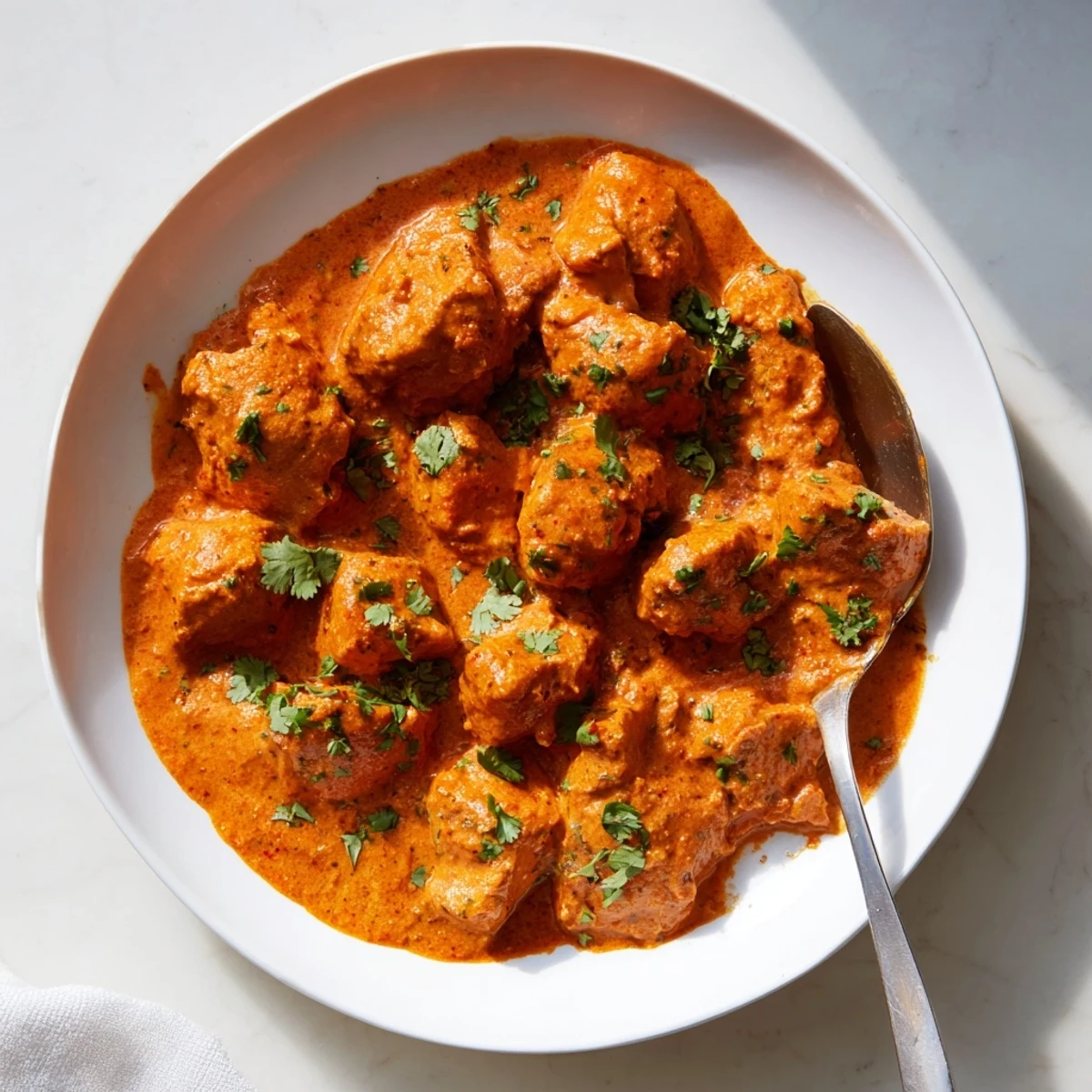 A skillet of aromatic butter chicken features tender chicken pieces in a spiced, orange-red sauce, ready to be scooped with warm naan.